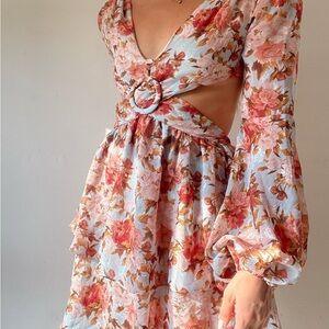 Luxxel Floral Long Sleeve Cut-Out Dress